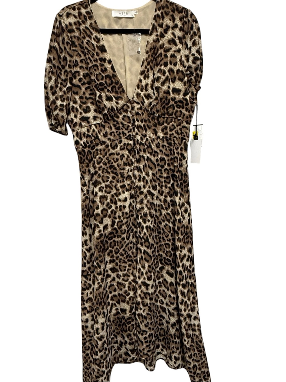Astr Leopard-Print V-Neck Midi Dress in Brown and Tan